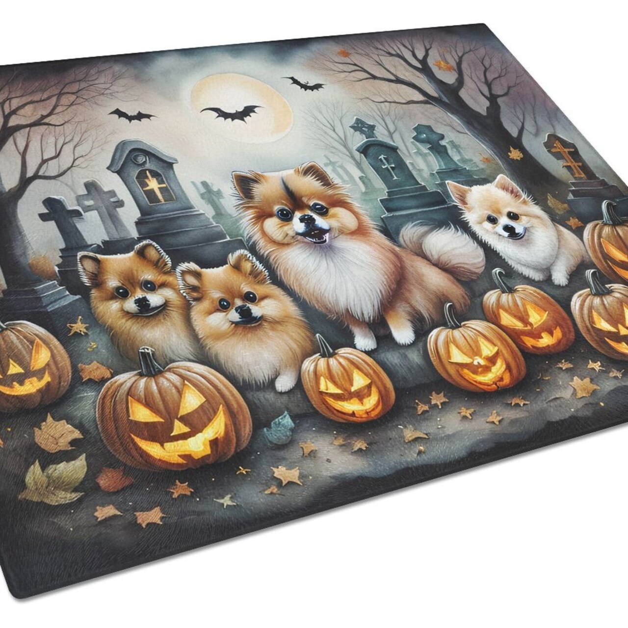 Edge Collections - 15" x 12" - Multicolor - Pomeranian Spooky Halloween Decorative Glass Cutting Board - 1 Piece